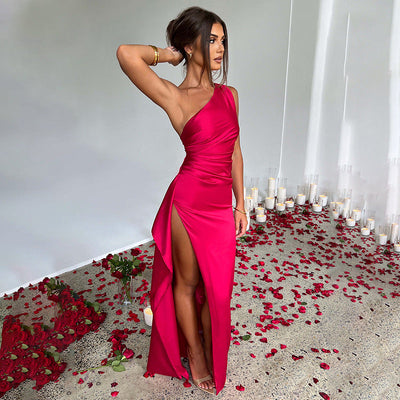 Sexy een-schouder open rug jurk met split Zomer elegante strakke effen satijnen jurken voor vrouwen Nexora Store