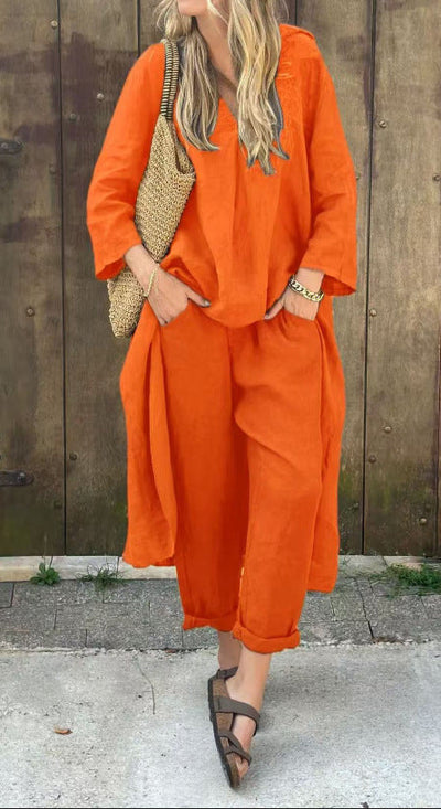 2 stuks lange mouwen pakken losse V-hals - lange top en hoge taille wijde broek met zakken Mijn winkel