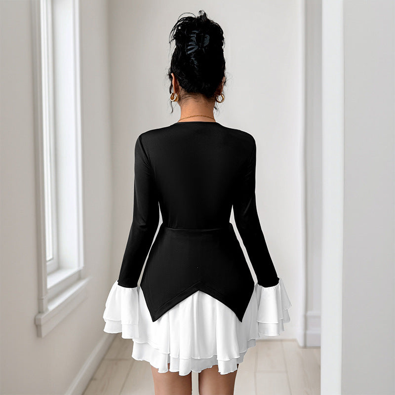 Lange mouwen contrasterende rok patchwork geplooide jurk Nexora Store