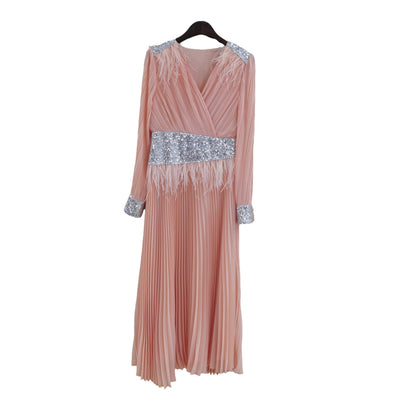 Pailletten hoge taille lange mouwen V-hals geplooide swingjurk Nexora Store
