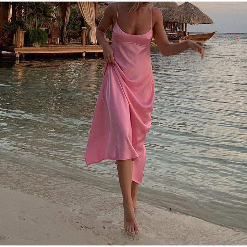 Vrouwen Camis Satijnen Lange Jurken roze mouwloze satijnen lange jurk zomerjurk slip dress rugloze casual feestjurk