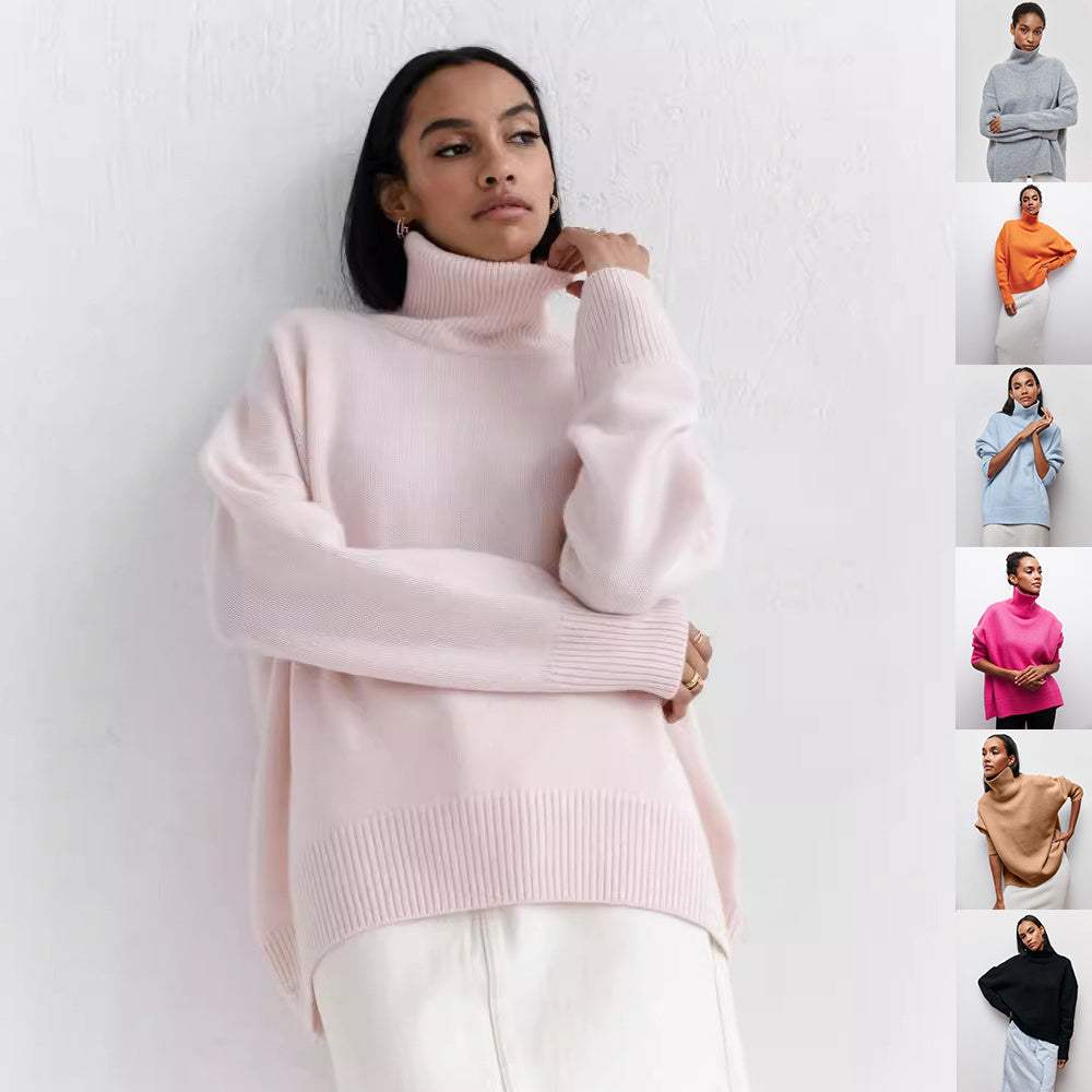 Woman wearing pink winter turtleneck sweater pullover in solid color