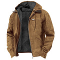 Men's winter hooded coat in camel with fleece lining and zip-up front, featuring pockets and casual style.