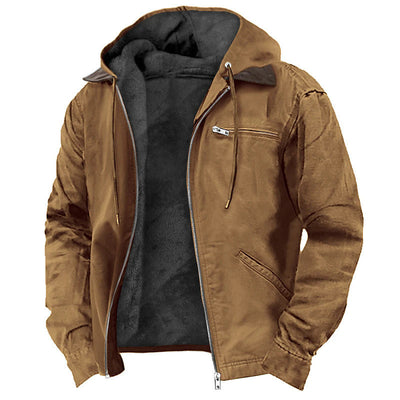 Men's winter hooded coat in camel with fleece lining and zip-up front, featuring pockets and casual style.