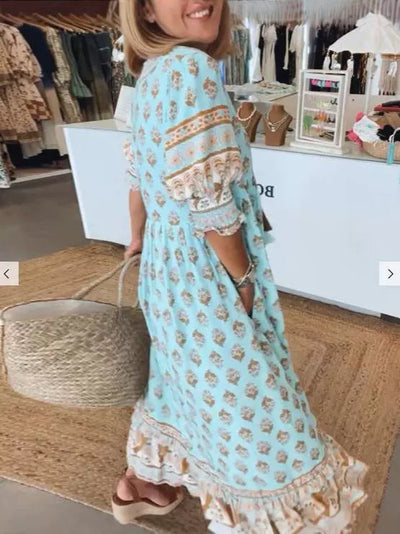 Zomerse Boheemse printjurk met lantaarnmouwen, modieuze losse V-hals, ruches, lange jurk, strandkleding voor vrouwen Ritchy's Shop