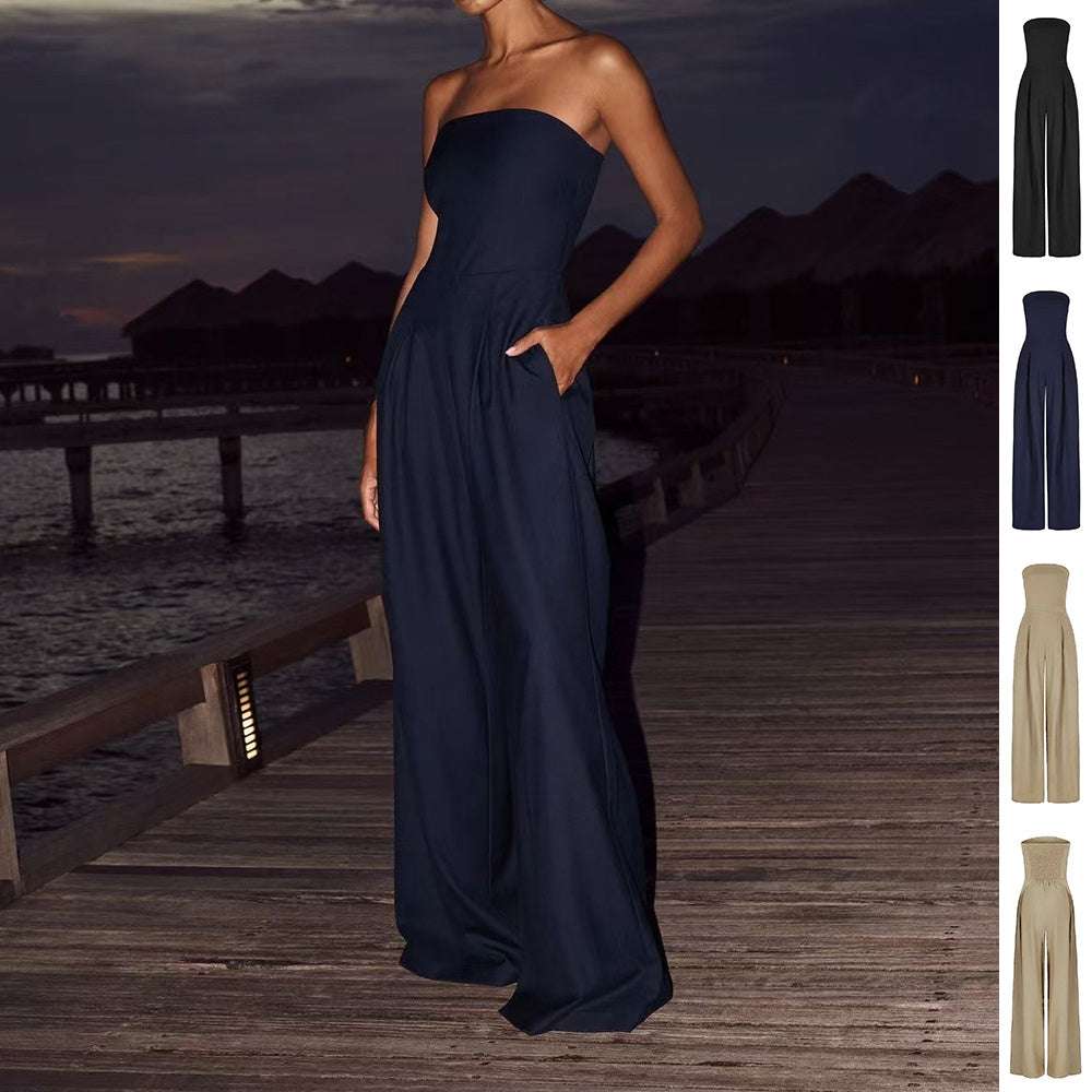 Losse Tube-top Jumpsuit in navy blue, sleeveless, stylish wide-leg polyester design with pockets, available in multiple colors.