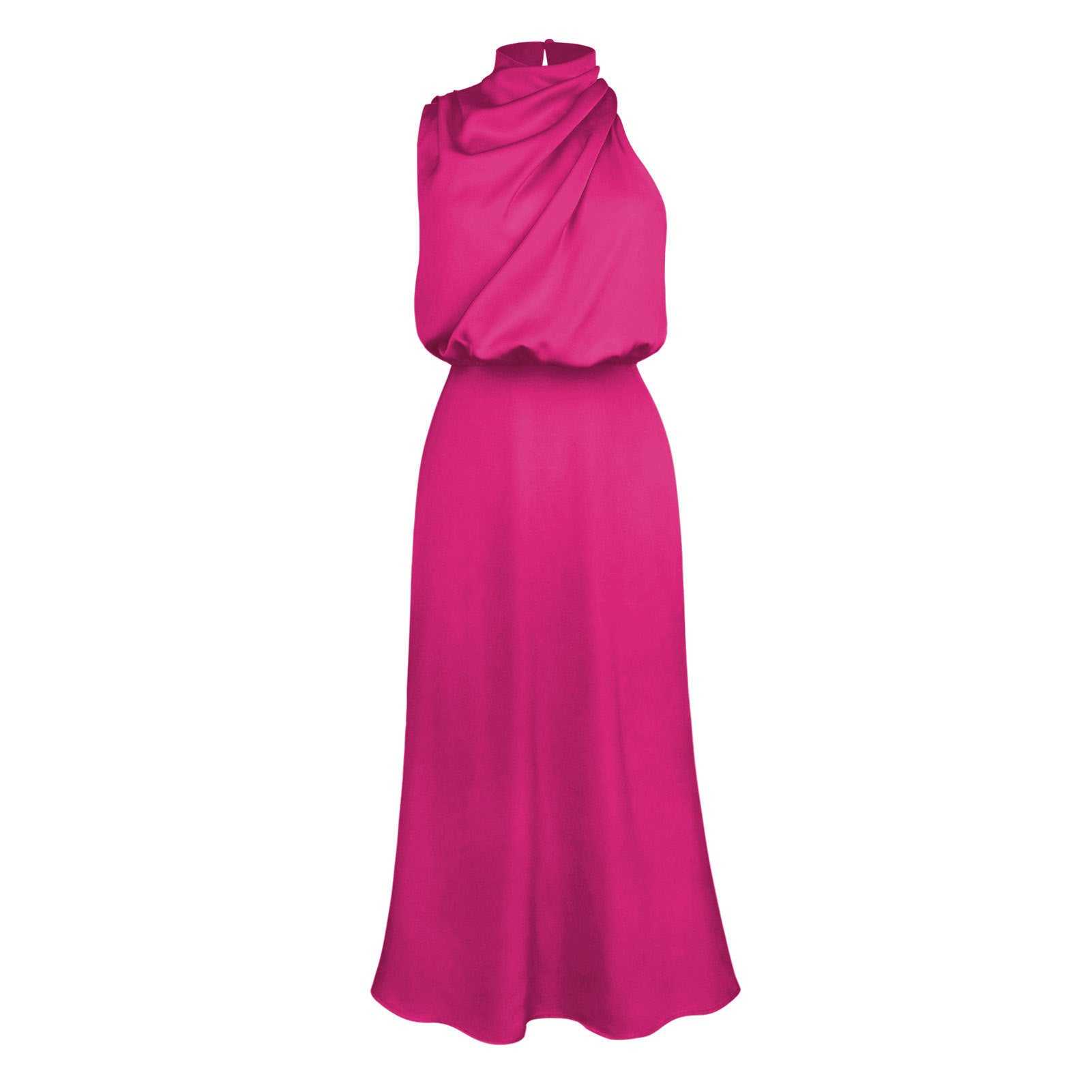 Roze zomerjurk zonder mouwen met hoge kraag en losse pasvorm, polyester zomerjurk zonder mouwen voor dames