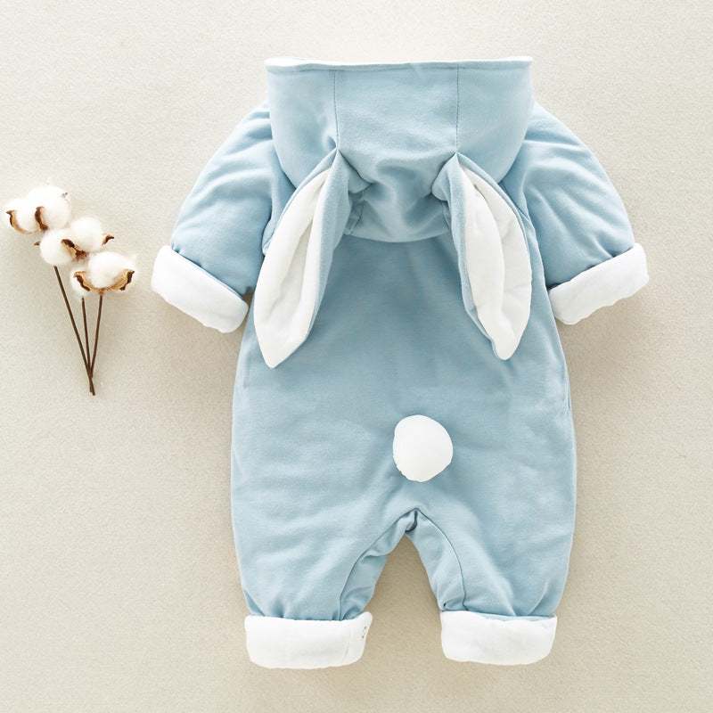 witte katoenen baby romper met lange mouwen en capuchon in konijnenstijl