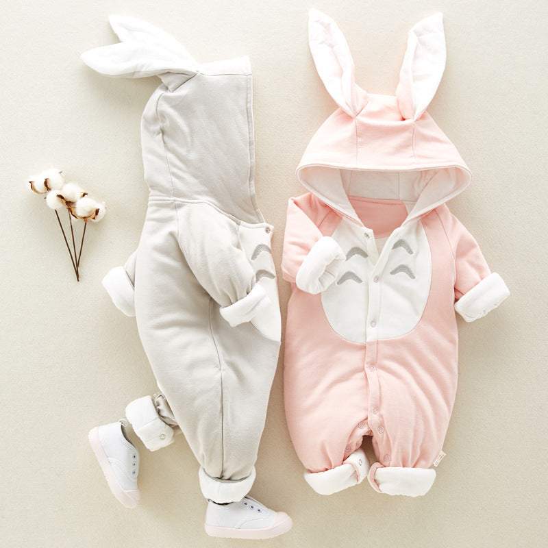 katoenen baby romper met lange mouwen en capuchon in roze en grijs met dieren oren design