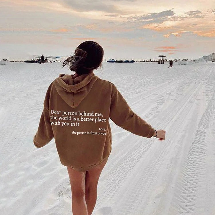 Lieve persoon achter mij, de wereld is een betere plek met jou erin, liefde, de persoon voor je, dames hoodie met pluche letters en kangoeroezak, trekkoord en print, unisex trendy hoodies Ritchy's Shop