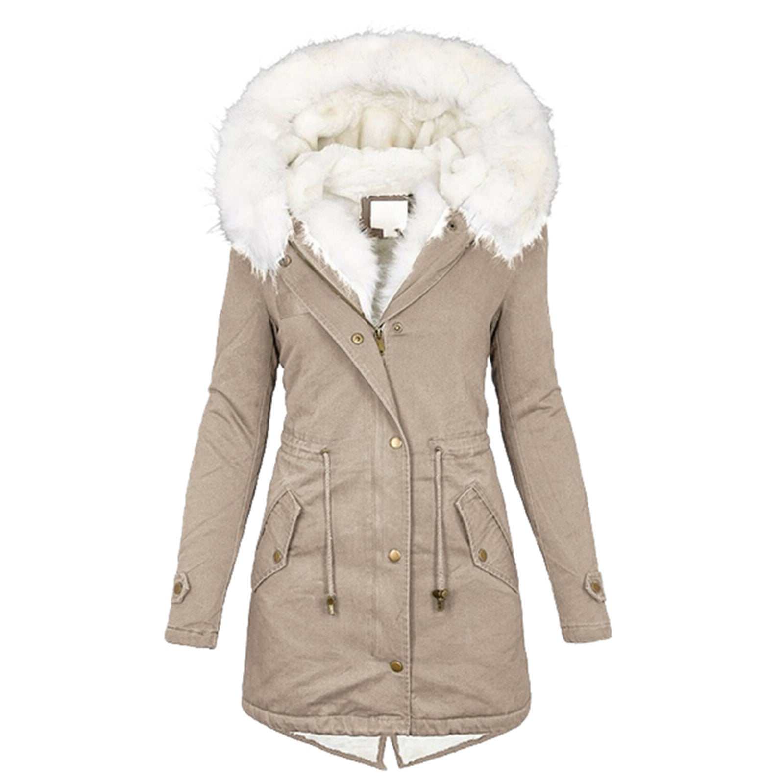 Dames katoenen jas met witte faux fur capuchon en knoopsluiting beige winterjas
