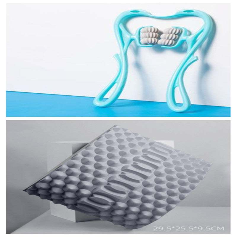 Blauw ergonomisch nekmassage-apparaat met zes wielen en 360º roterende massageballen voor therapeutische spierverlichting