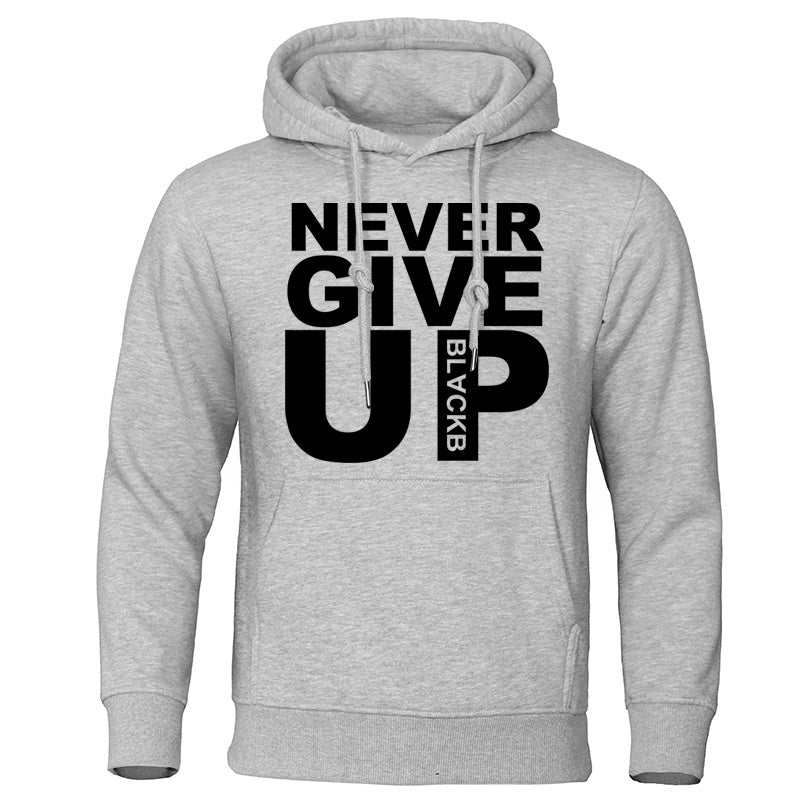 Grey Shopee Amazon hoodie with "Never Give Up" black text, long sleeves, hooded, casual style, velvet lining