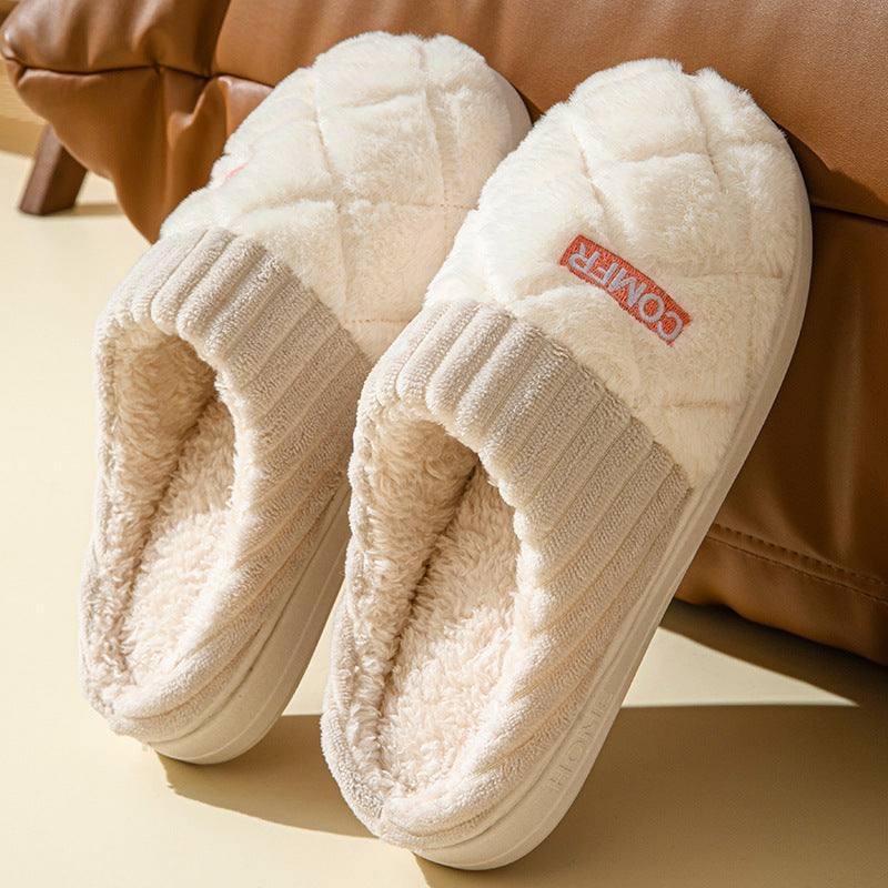 Solid Rhombic Letter Home Slippers Winter Warm Non-slip Floor Bedroom Plush Slipper For Couple House Shoes Women Men Nexora Store