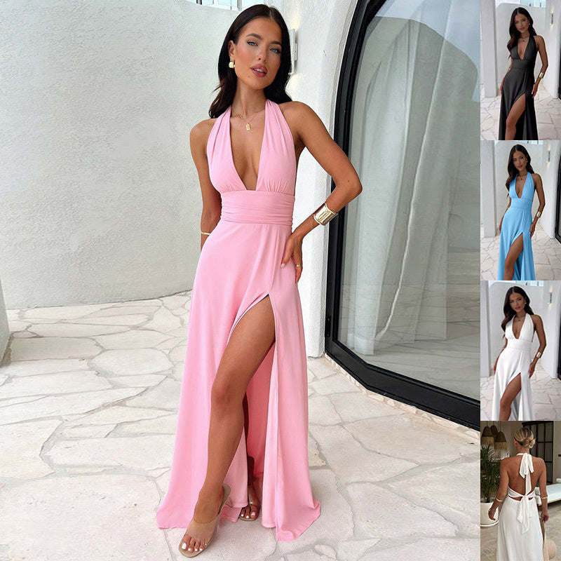 Sexy roze halterneck V-hals splitjurk met hoge taille, rugloos en lange rok, zomerjurk voor vrouwen