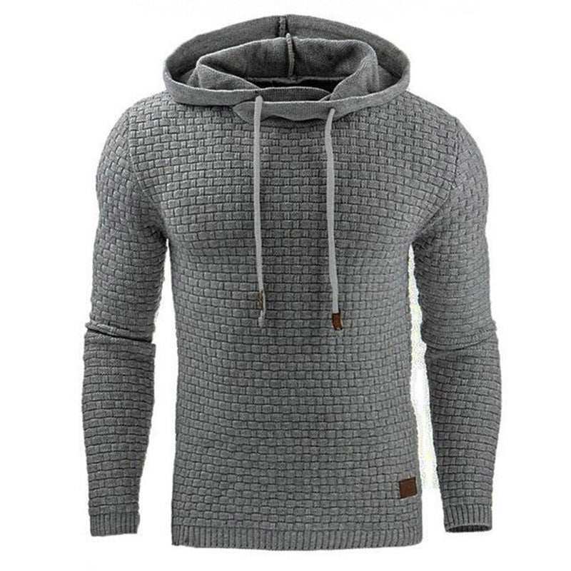 Men's gray textured hoodies sweater with drawstring hood and long sleeves