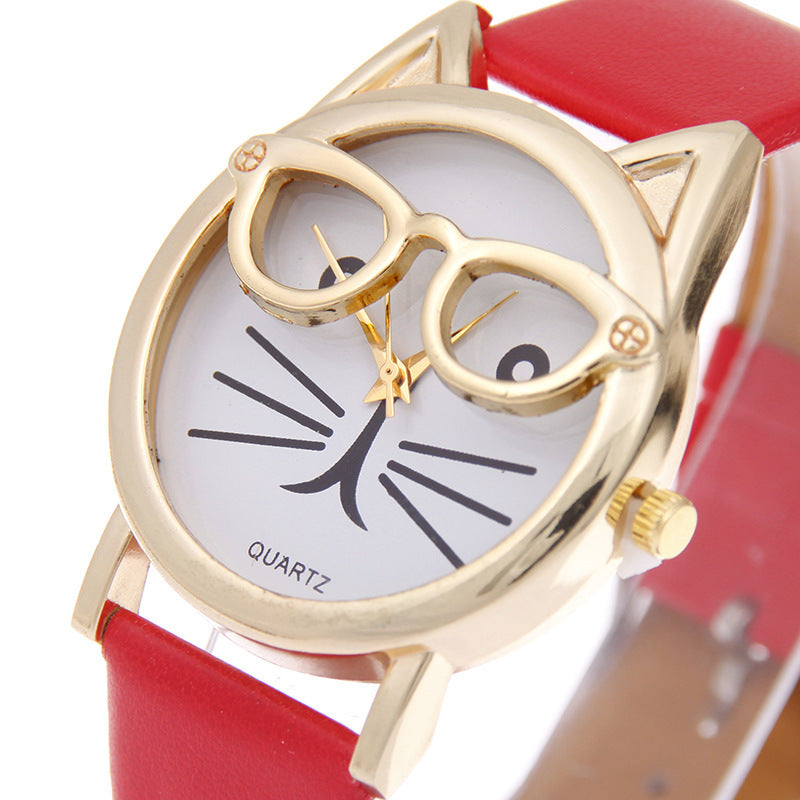 Cartoon Watch With Glasses Cat Student Belt Watch Women's Quartz Watch Gift Watch Nexora Store