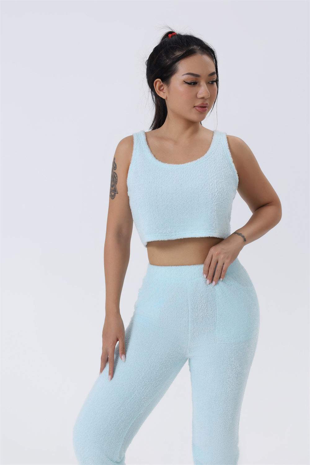 3-delige sets zachte pluizige pastelblauwe crop top broek en lange cardigan lounge set
