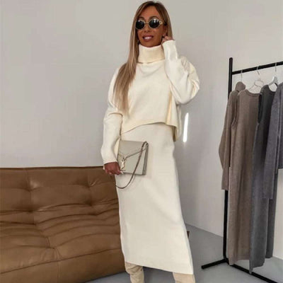 2pcs Sweater Suit Winter Fashion Turtleneck Pullover And Sleeveless Long Dress Womens Clothing Nexora Store