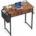 compact thuiskantoor bureau met houten blad en zwarte metalen poten inclusief opberglades en zijvak voor kantoorbenodigdheden