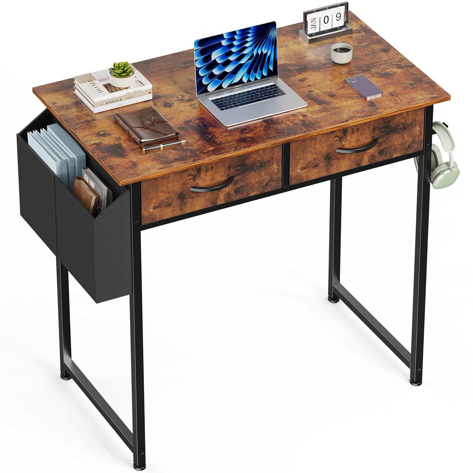 compact thuiskantoor bureau met houten blad en zwarte metalen poten inclusief opberglades en zijvak voor kantoorbenodigdheden