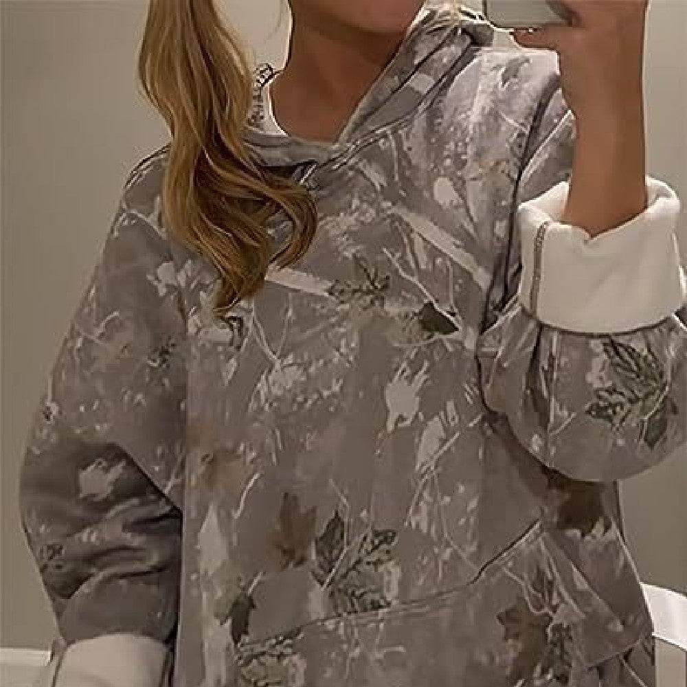 Casual damestop met zakken in lichtgrijs met planten- en bloemenprint, lange lantaarnmouwen en capuchon, los model pullover