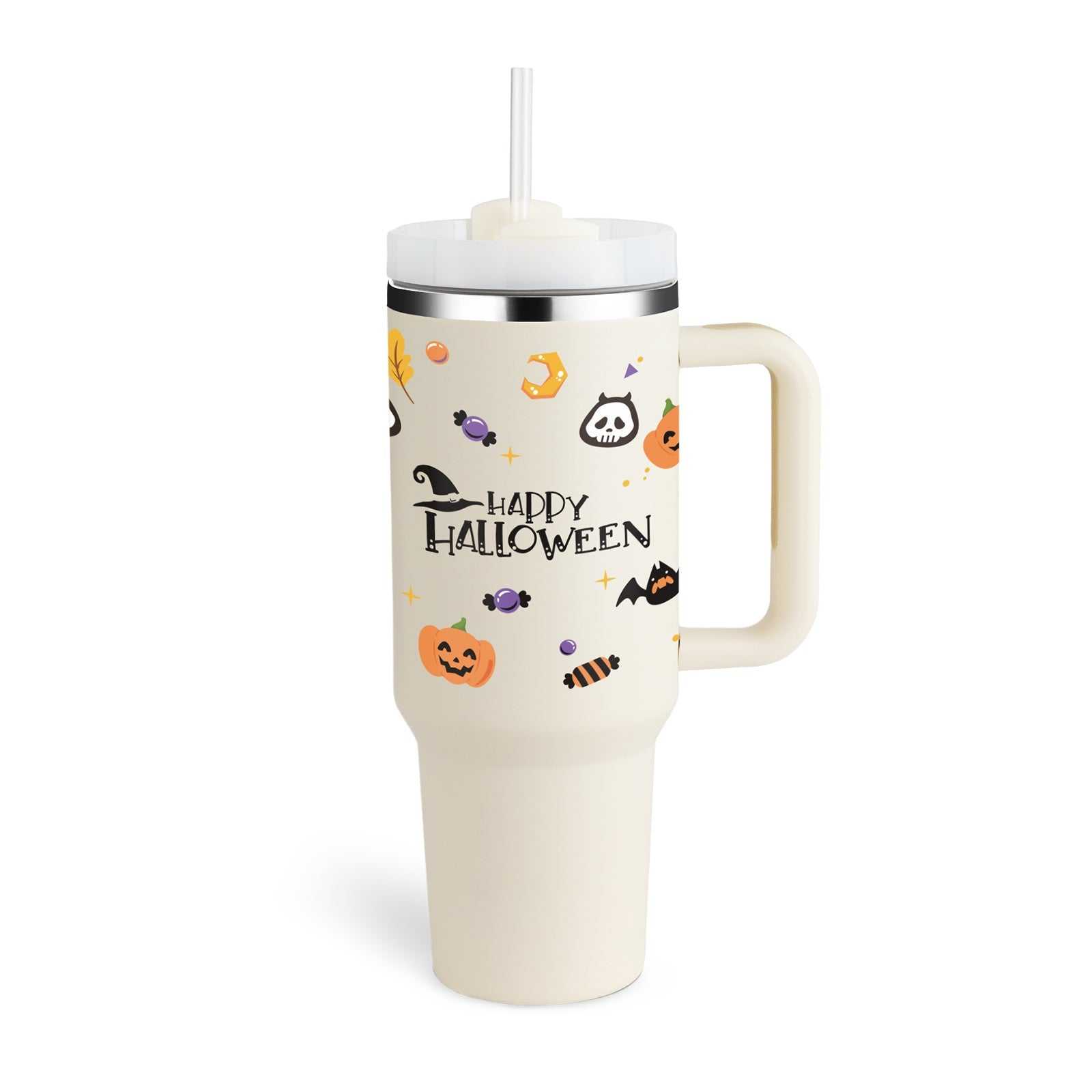 40 Oz Tumbler with handle and straw, insulated stainless steel Halloween design, spill-proof vacuum coffee mug with lid