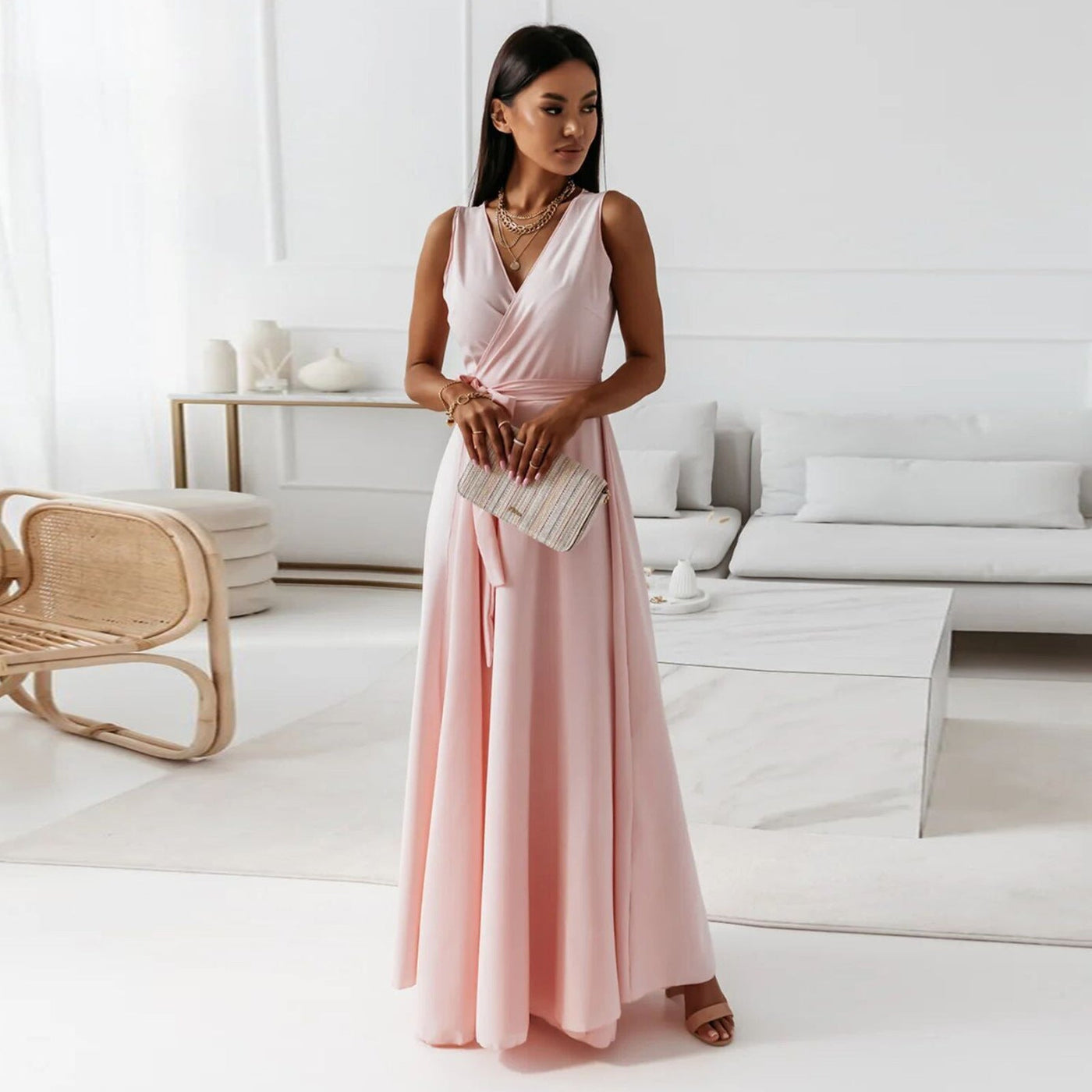 V-hals mouwloze jurk met riem Zomermode Feestclub Avond Maxi-jurken voor dameskleding Nexora Store