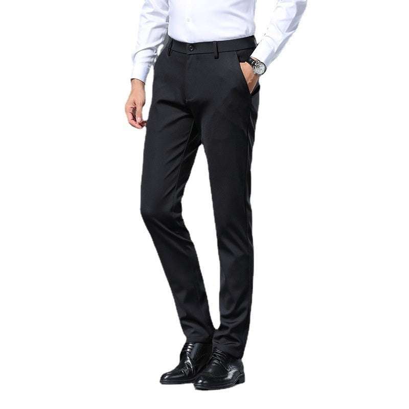 Black draping slim-fit stretch casual pants for men with straight legs