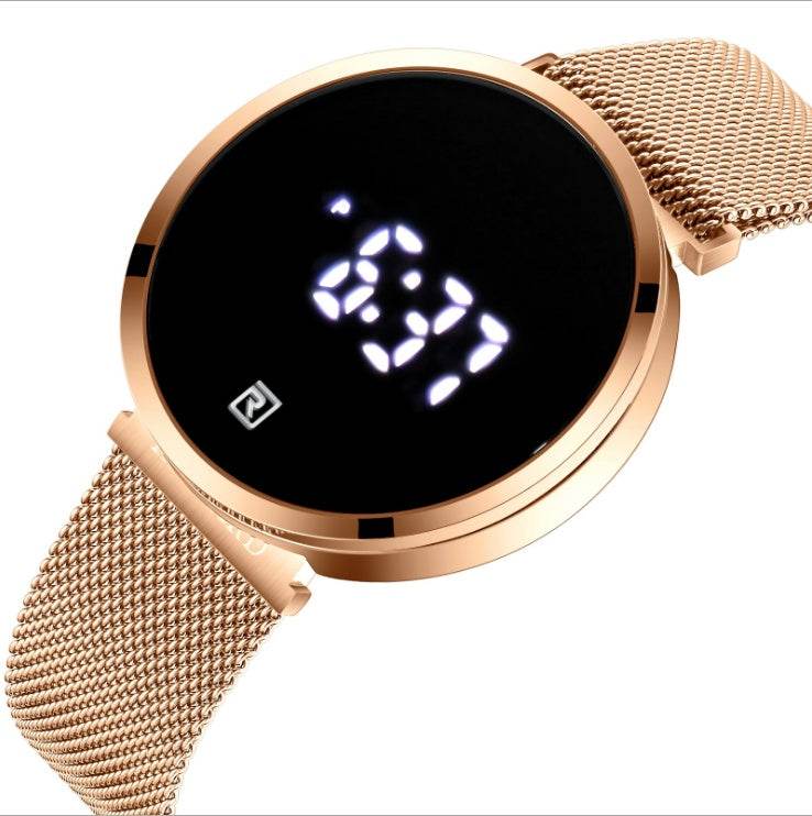 digitaal herenhorloge met roségouden stalen mesh band en modern LED-display