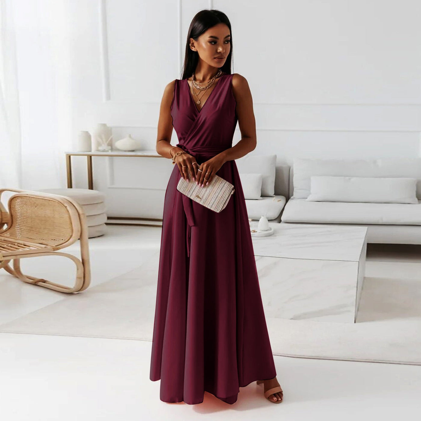 V-hals mouwloze jurk met riem Zomermode Feestclub Avond Maxi-jurken voor dameskleding Nexora Store