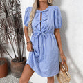 Retro gestreepte jurk met ronde hals en strik, veterjurk Nexora Store