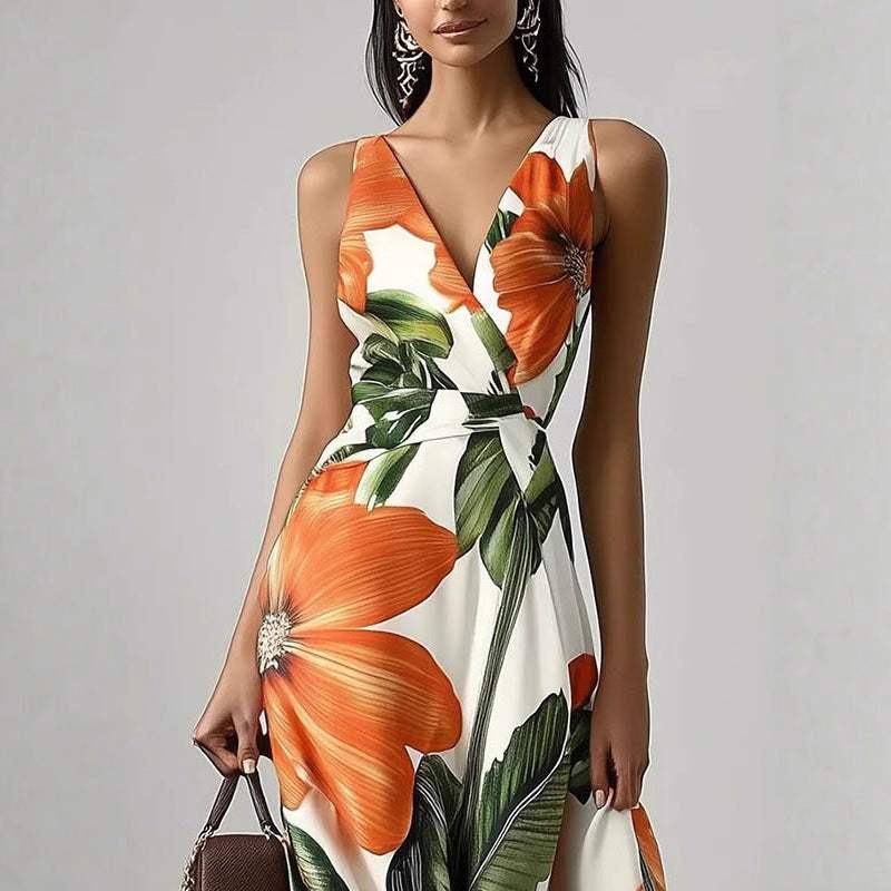 Vrouwelijke zomerjurk met bedrukte gordel, oversized swingrok en grote oranje bloemenprint