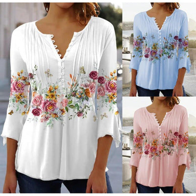 Modieus nieuw dames T-shirt met bloemenprint, V-hals, driekwartmouwen, geplooide knopen en basisshirt Nexora Store