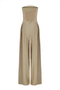 Losse tube-top jumpsuit in beige polyester with wide legs and strapless design