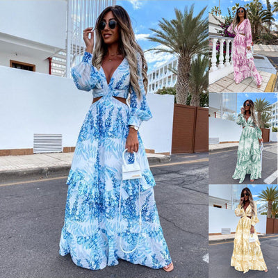 Elegante damesjurk met holle vloer, V-hals en lange mouwen, lange jurken, lente-zomerprint, V-hals en lange mouwen Nexora Store