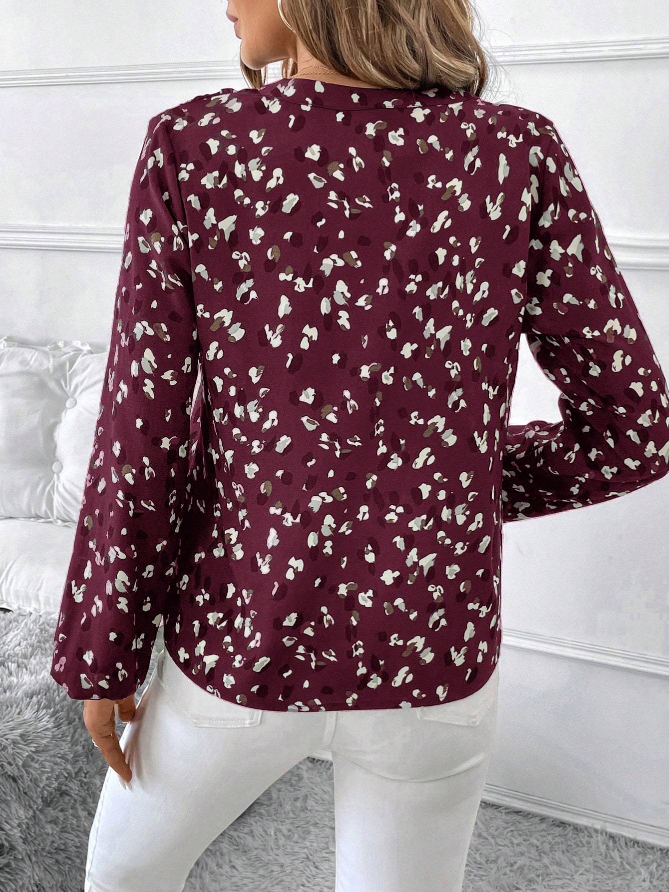 Elegante blouse met lange mouwen en V-hals voor dames, all-over print, tops met lange mouwen Nexora Store