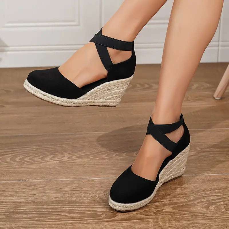 Plus size black sports sandals with elastic band and wedge heel in Roman style