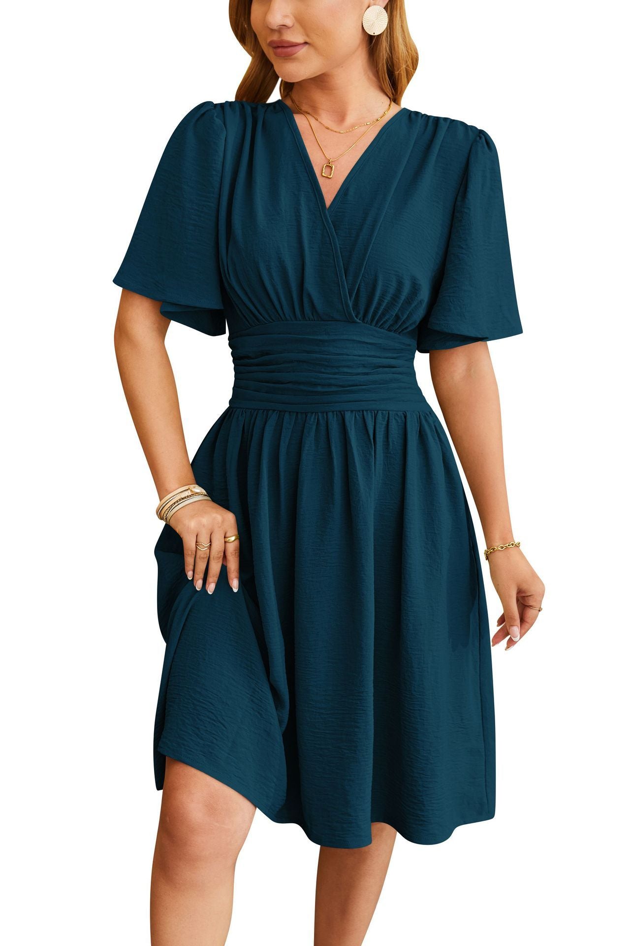 V-hals getailleerde taille flare-mouwen modejurk voor dames Ritchy's Shop