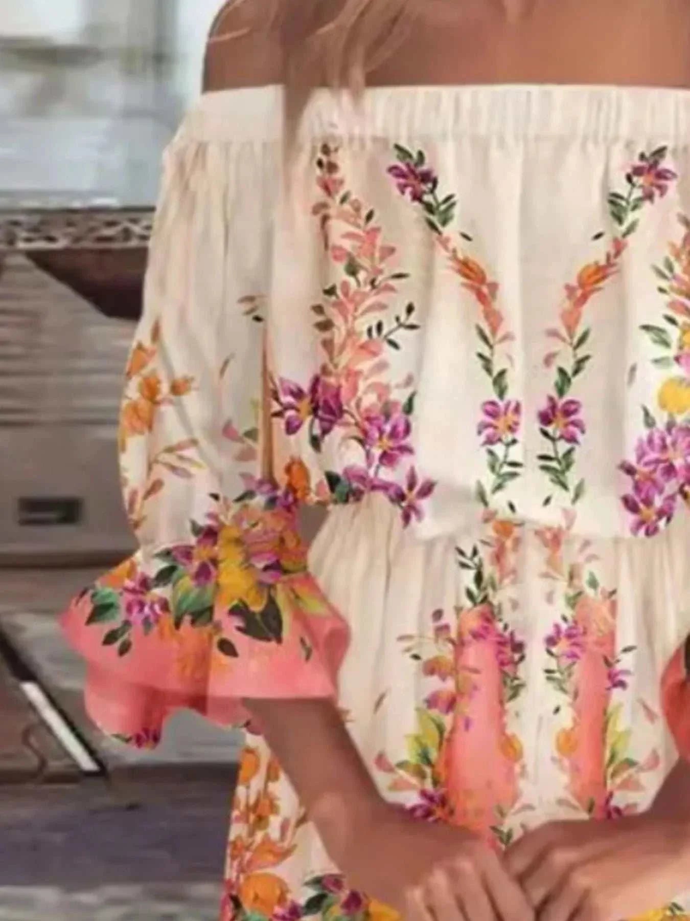 off-shoulder mini dress with full-size floral print and ruffled sleeves in plus sizes