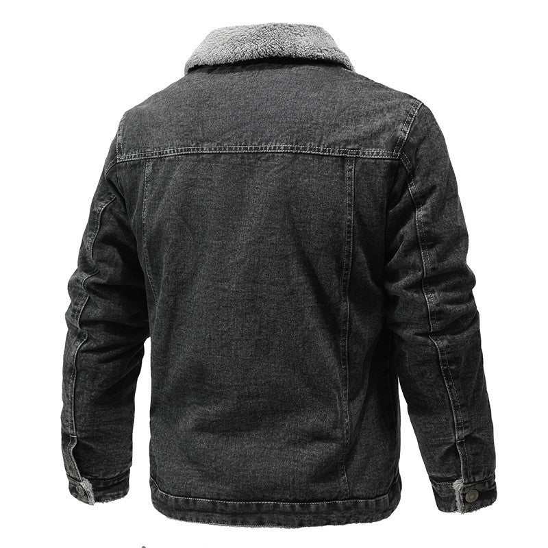 Retro revers losse katoenen jas fleece gevoerde zwarte denim jas voor heren winter