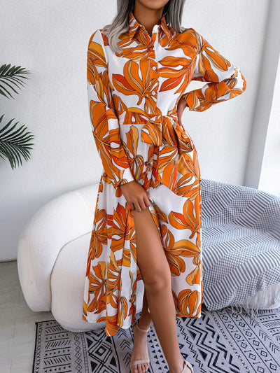 Contrasterende kleur bloemen revers gestrikt overhemd jurk lange rok Ritchy's Shop