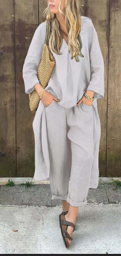 2 stuks lange mouwen pakken losse V-hals - lange top en hoge taille wijde broek met zakken Mijn winkel
