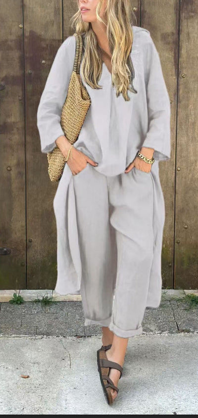 2 stuks lange mouwen pakken losse V-hals - lange top en hoge taille wijde broek met zakken Mijn winkel