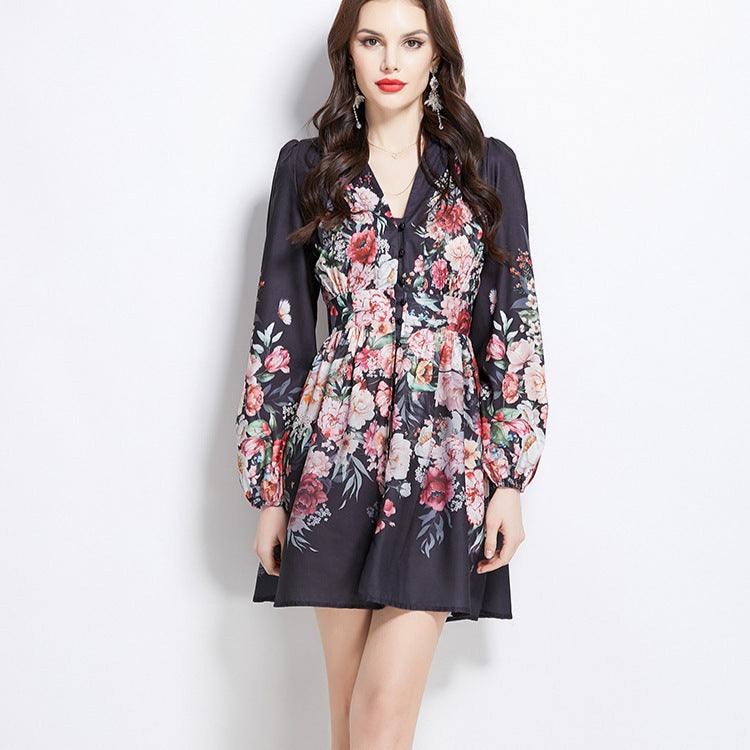 Franse retro mode jurk voor vrouwen met bloemenpatroon en lange mouwen in zwart en abrikooskleur