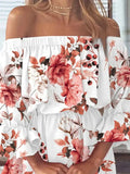 Volledige grootte bloemen off-shoulder mini-jurk met volantmouwen en grote maten in witte kleur met rode bloemprint
