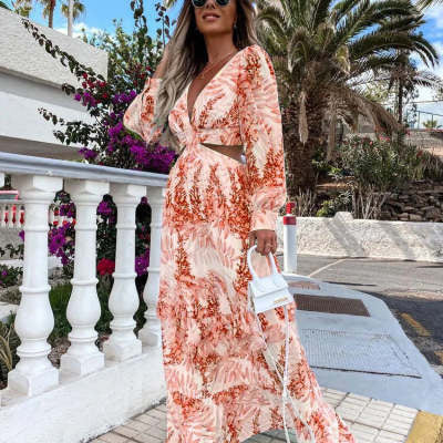 Elegante damesjurk met holle vloer, V-hals en lange mouwen, lange jurken, lente-zomerprint, V-hals en lange mouwen Nexora Store
