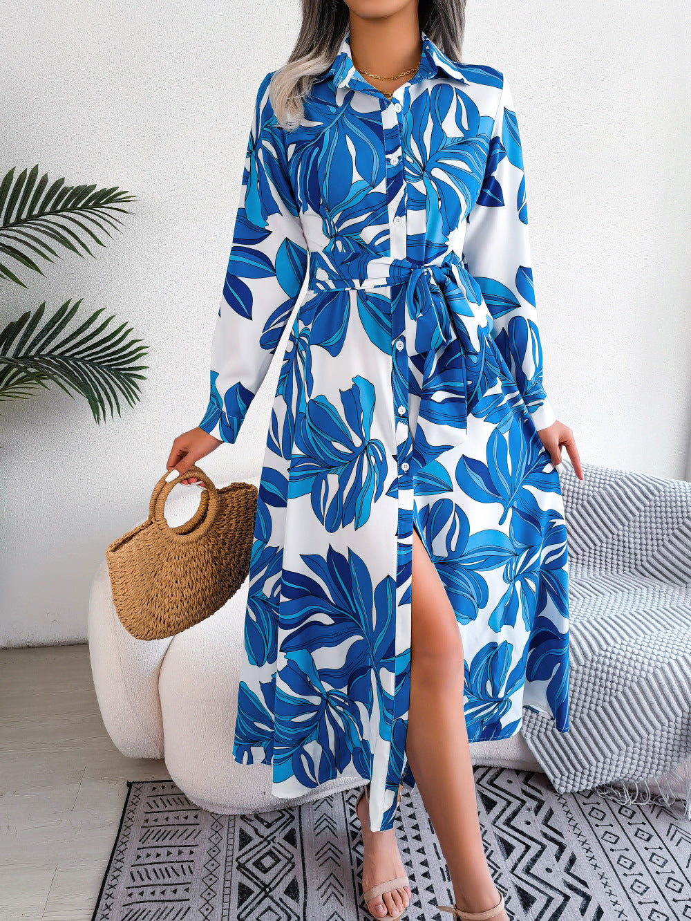 Contrasterende kleur bloemen revers gestrikt overhemd jurk lange rok Ritchy's Shop