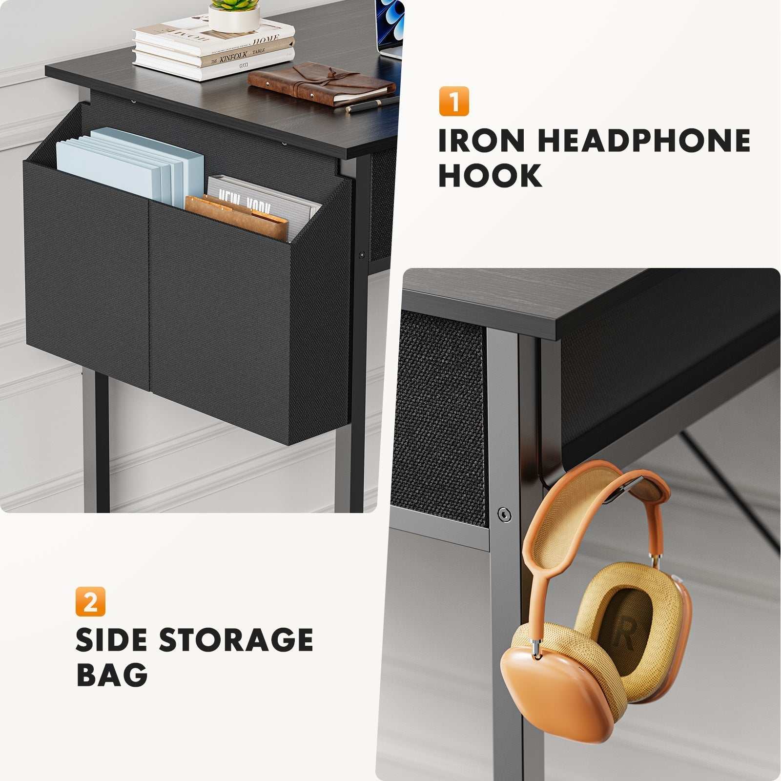Modern zwart thuiskantoor bureau met hoofdtelefoon haak en zijdelingse opbergzak.