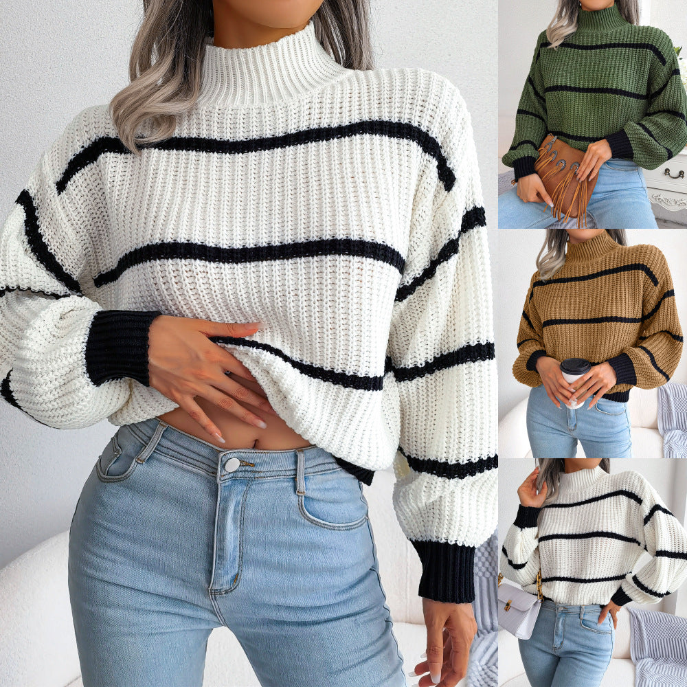 Casual striped lantern sleeve half high neck knitted sweater in khaki, white, and military green colors